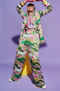 Butterfly Embroidered Top, Scenery Print Trousers & Blazer Set image 0