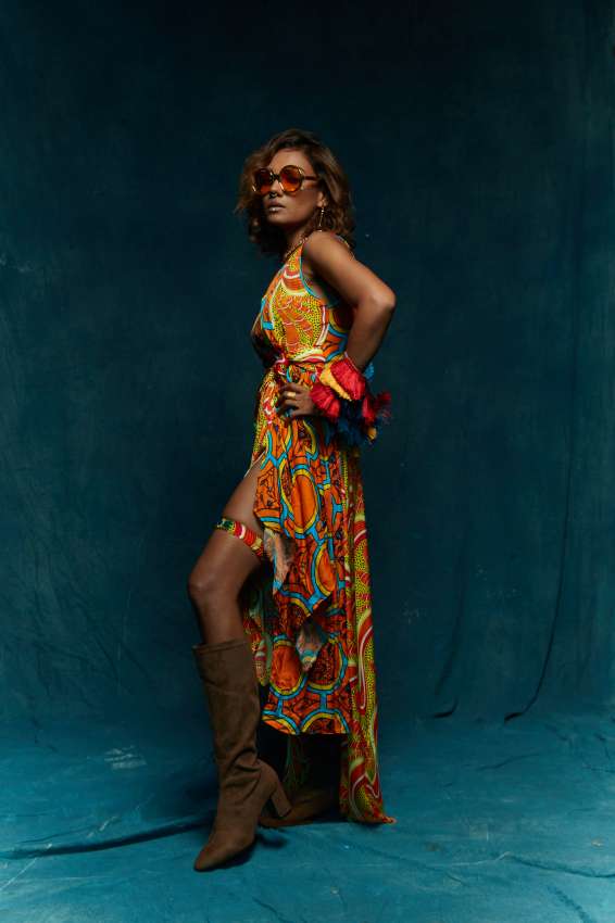 cut out waist knot big orange print dress image 2