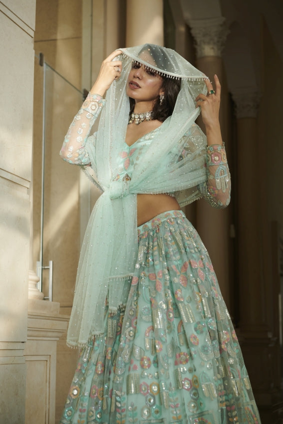Blue Motif Lehenga, Blouse & Dupatta – Regal Craftsmanship in Motion image 1