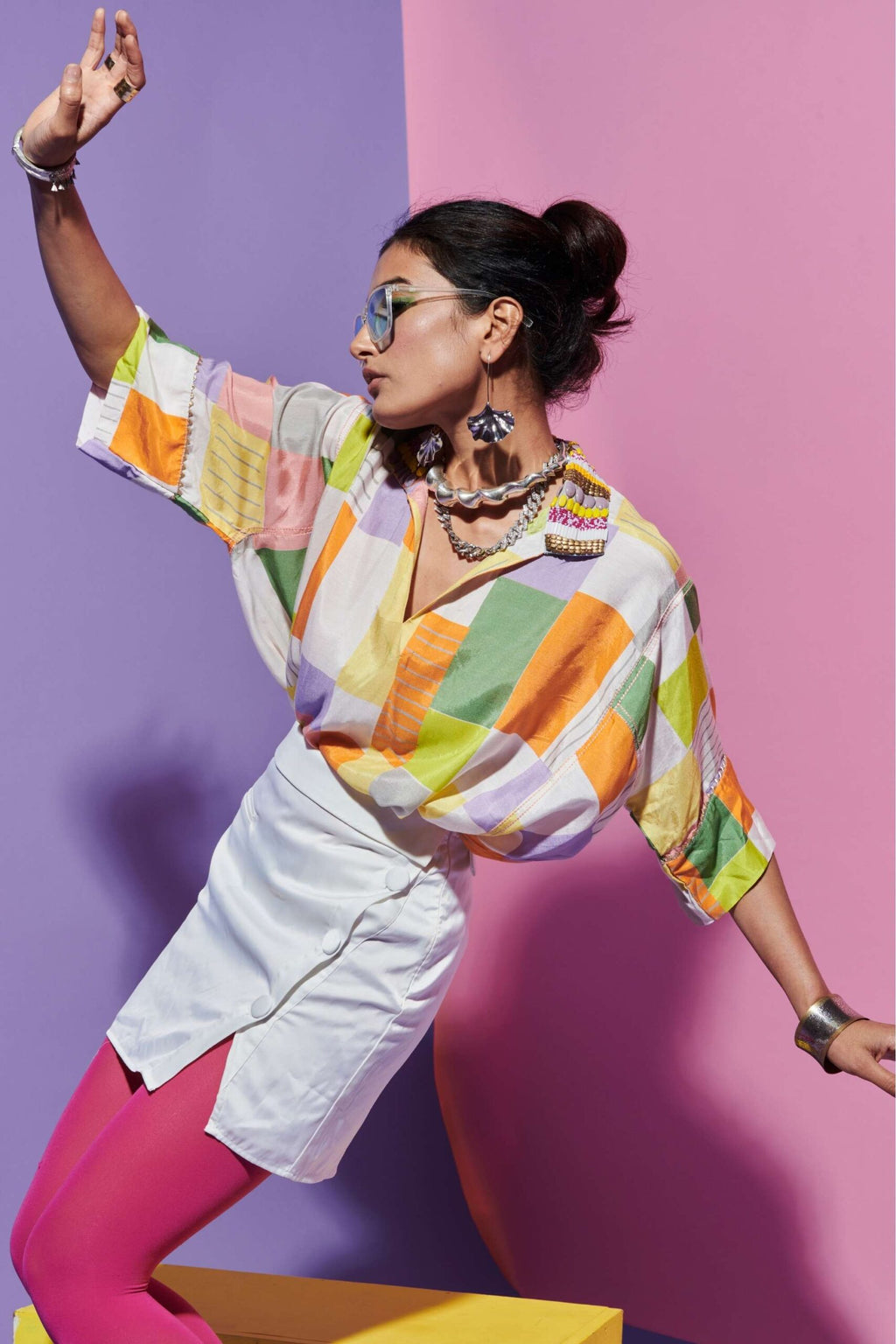 Embroidered Collar Square Print Top image 1