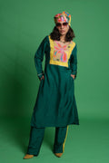 Green Croissant Print Kurta Set with Palazzo and Matching Turban image 0