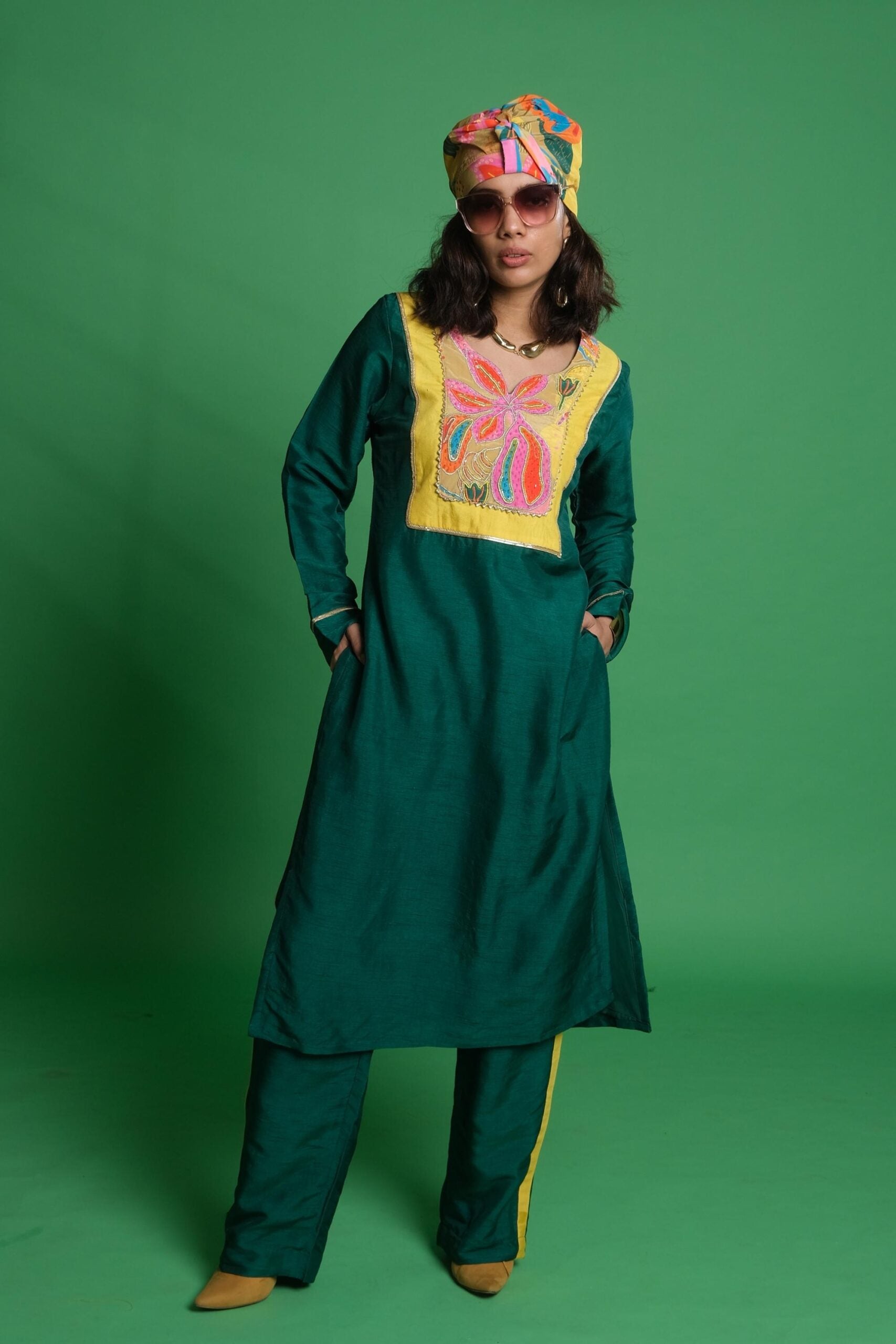 Green Croissant Print Kurta Set with Palazzo and Matching Turban image 0