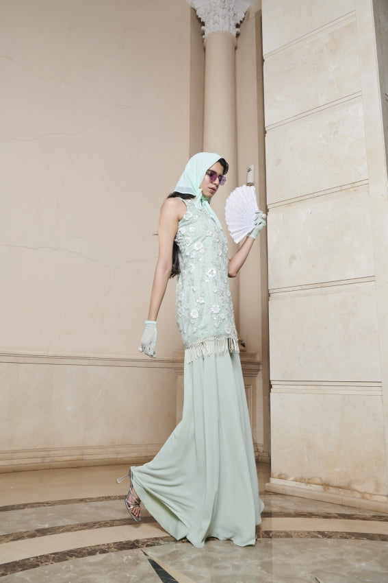 Mint Embroidered Net Dress & Georgette Pant image 1