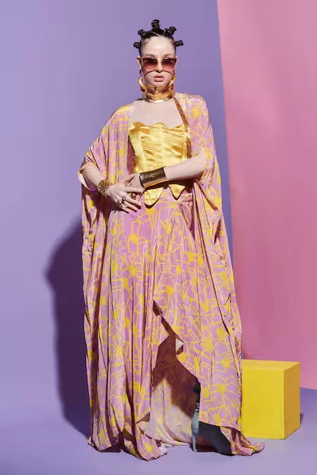 Mustard Corset, Fan Print Sarong Skirt & Cape Set image 0