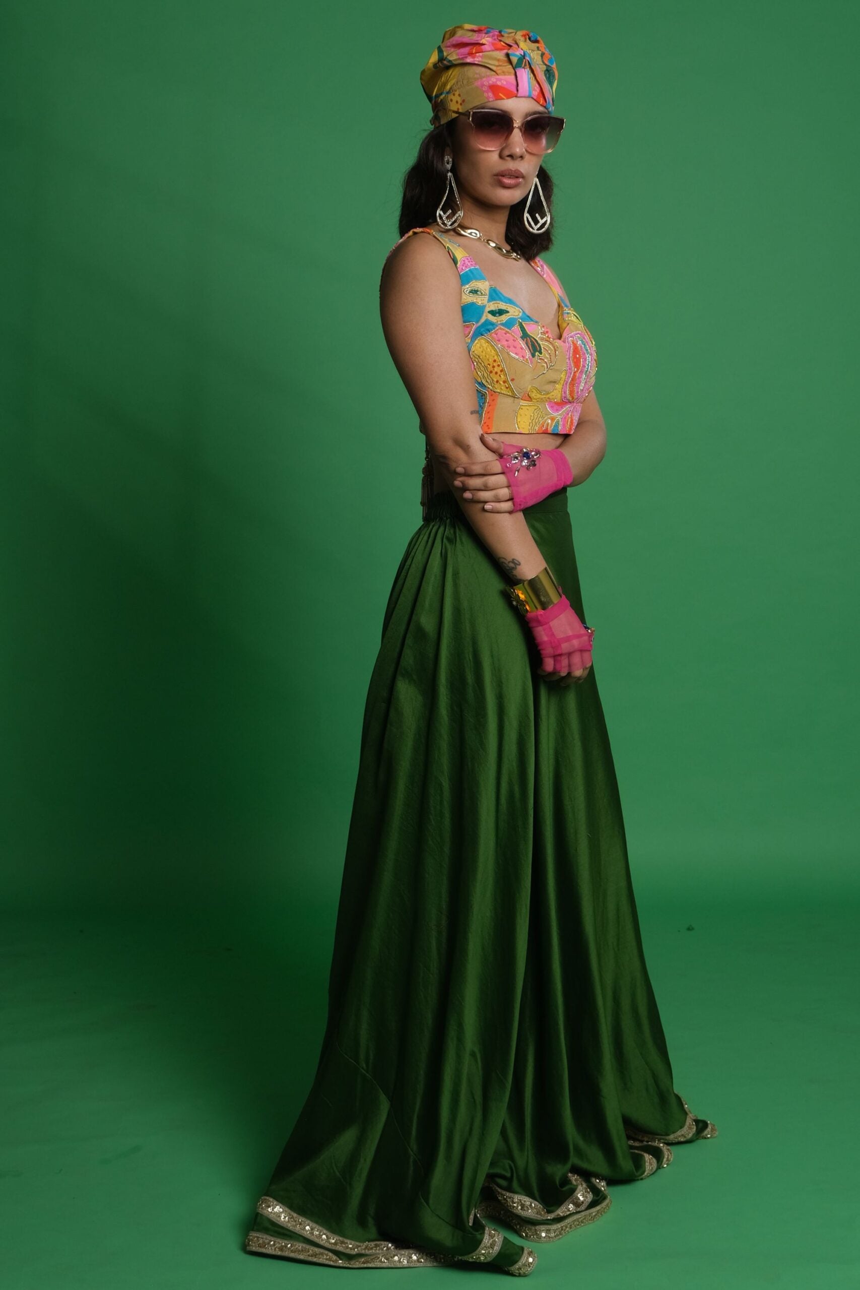 Plain Olive Green Lehenga Set with Croissant Embroidered Blouse image 1