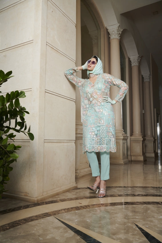Blue Motif Kurta, Bralette & Pant Set – Understated Glamour Meets Modern Structure image 0
