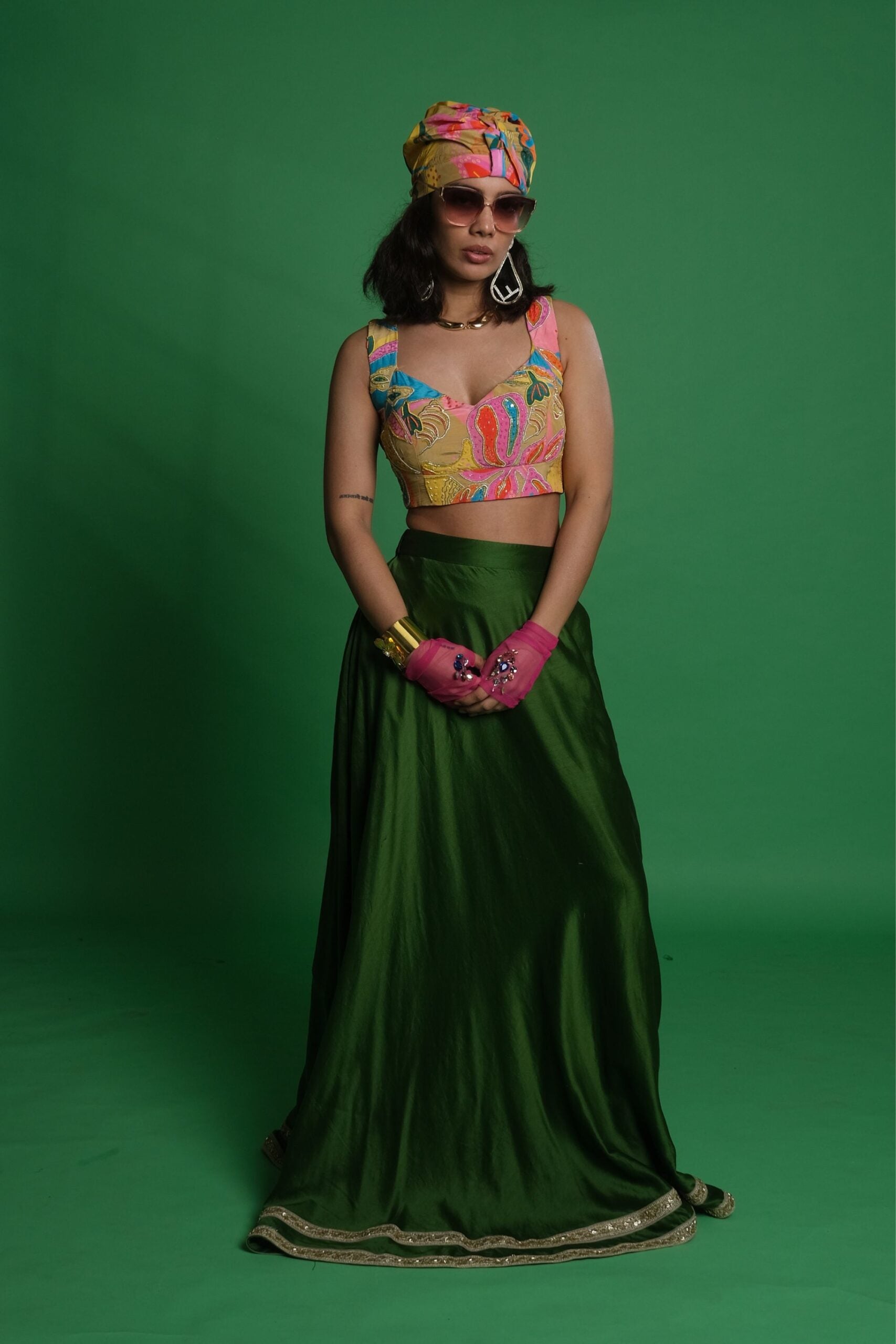 Plain Olive Green Lehenga Set with Croissant Embroidered Blouse image 0