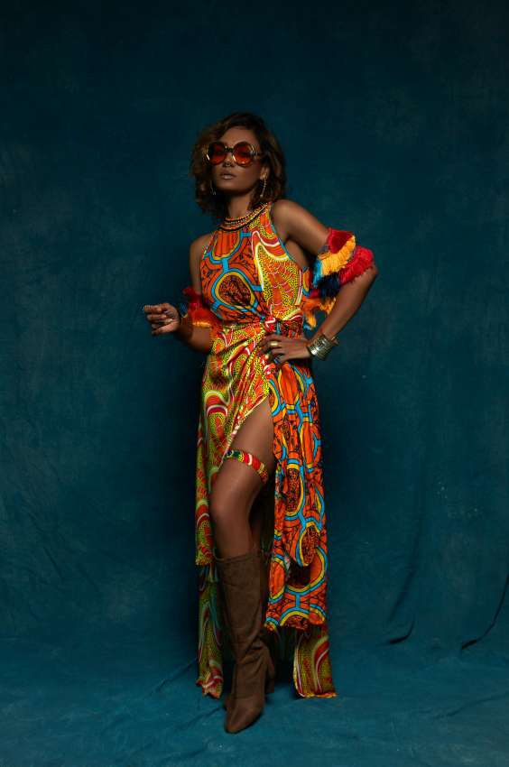 cut out waist knot big orange print dress image 0