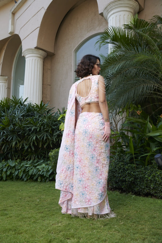 Pink Embroidered Flower Saree & Blouse – A Romantic Bloom in Motion image 1