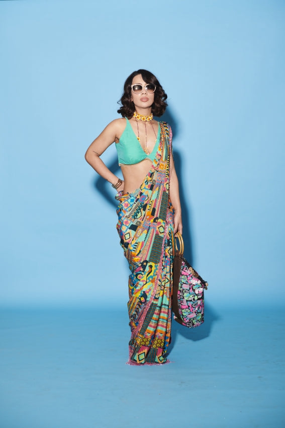 Aztec Printed Saree with Blue Sleeveless Blouse image 0