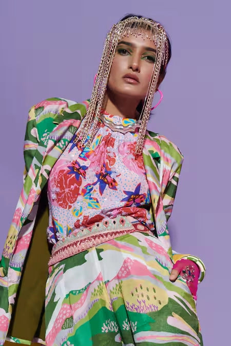 Butterfly Embroidered Top, Scenery Print Trousers & Blazer Set image 1