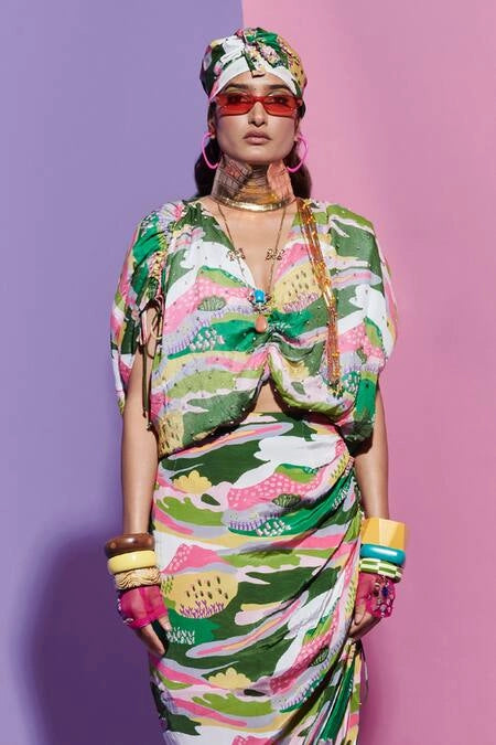 Scenery Print Ruched Top & Sarong Skirt Set image 1