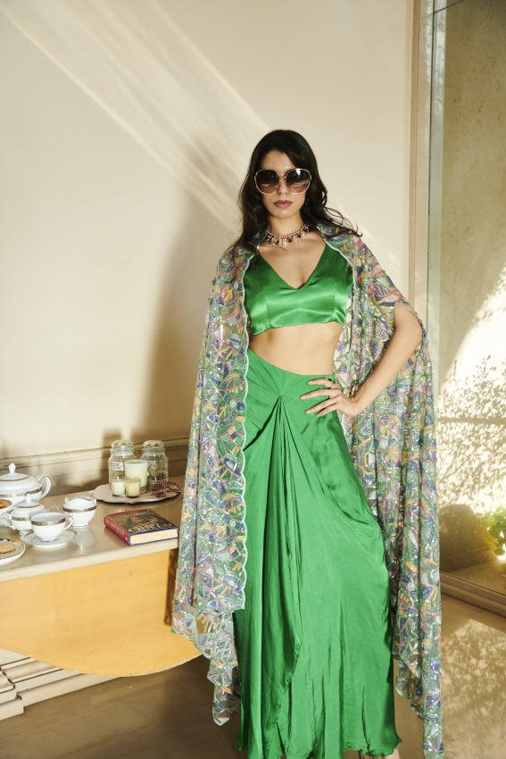 Green Cut Work Cape, Bralette & Sarong – Resort Luxe Meets Indian Artistry image 0