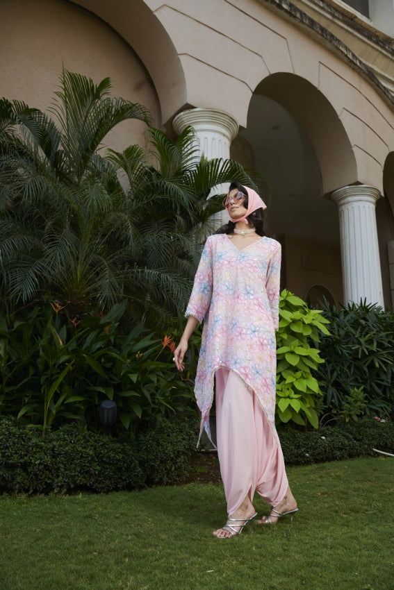 Pink Embroidered Flower Kurta & Dhoti Set – Modern Elegance in Bloom image 2