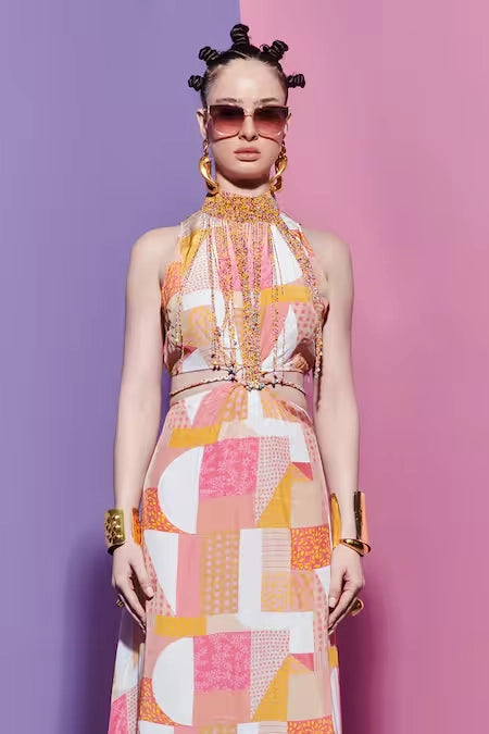 Beaded Halter Dress in Geometric Print image 2