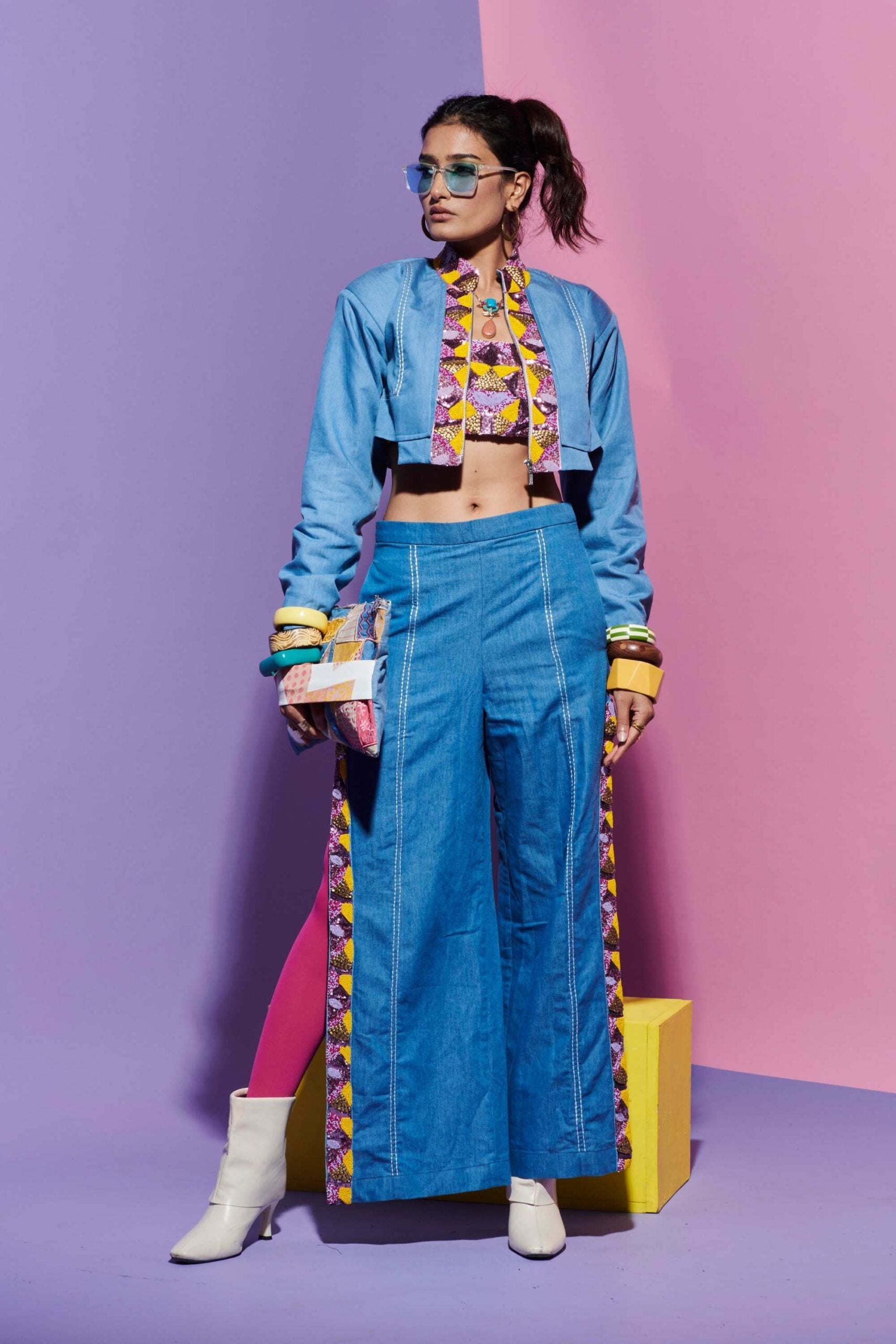 Embroidered Denim Jacket, Pants & Tube Bralette Set image 0