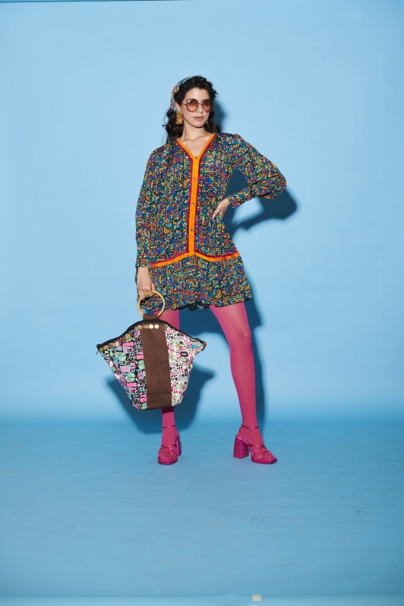 Floral Tile Print Dress with Orange Contrast Panel image 0