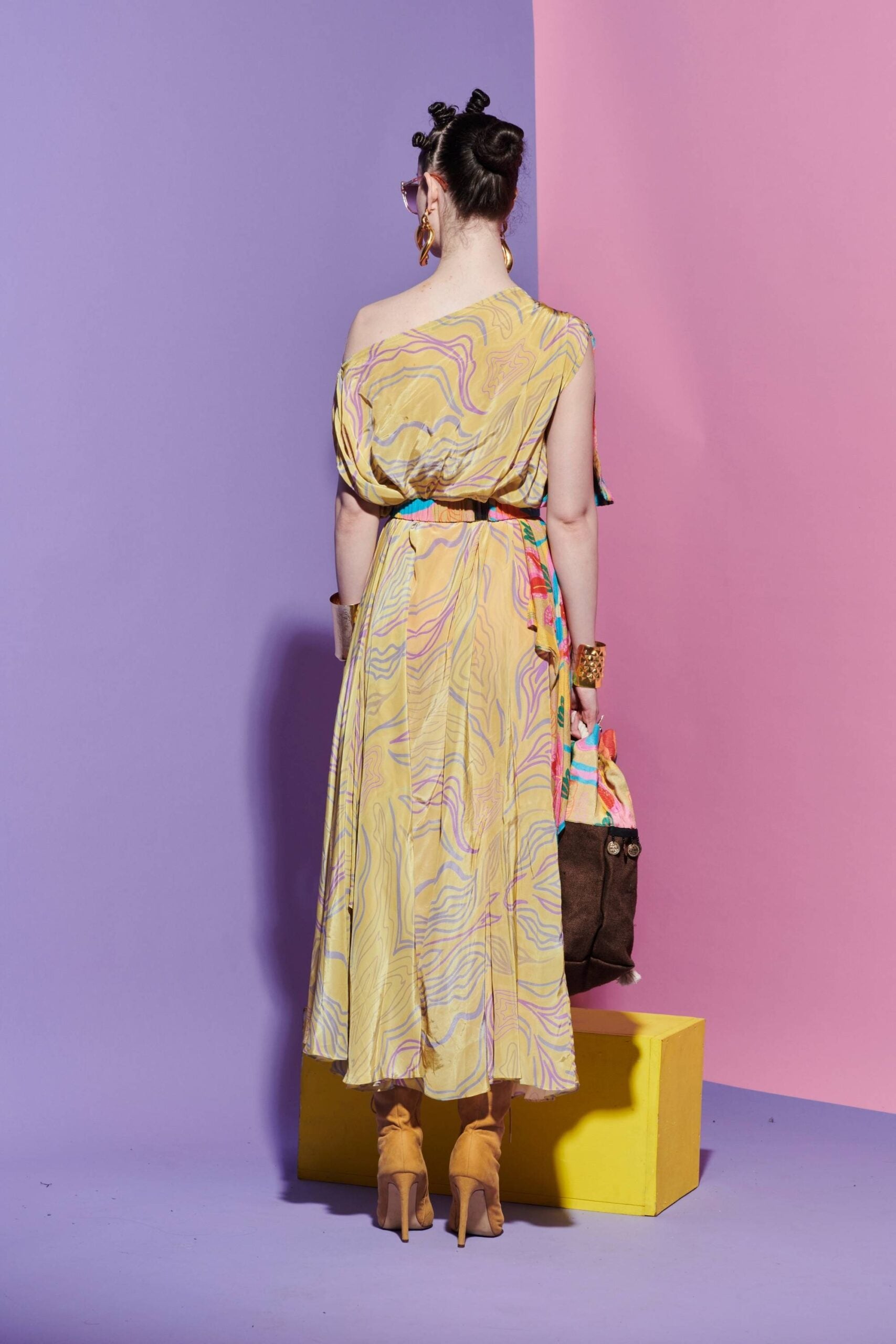 Embroidered Lapel Scarf Dress in Amoeba and Croissant Print image 2