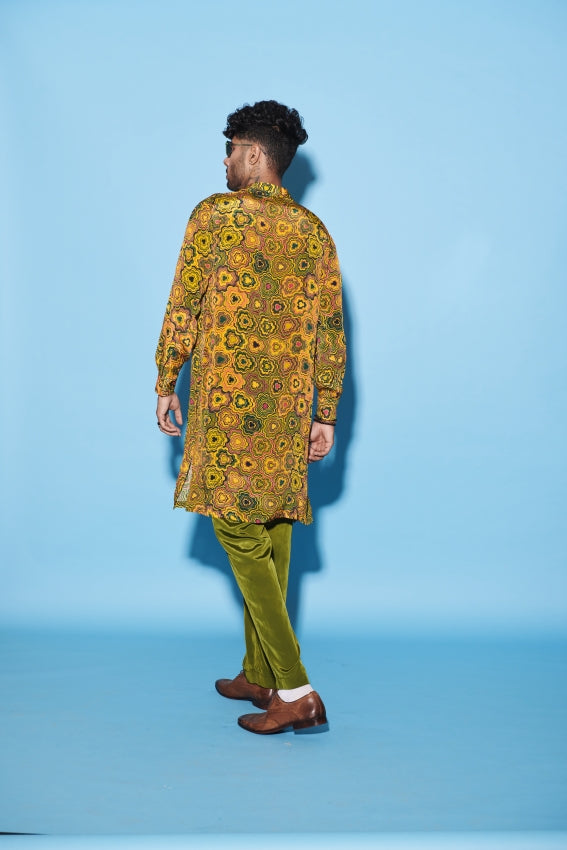 Men’s Pinwheel Kurta Set in Yellow with Green Pants image 1