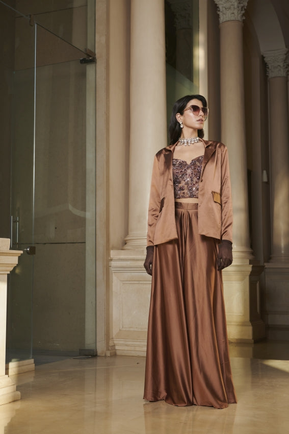 Brown Pant Suit with Embroidered Corset – Tailored Power Meets Feminine Detail image 0