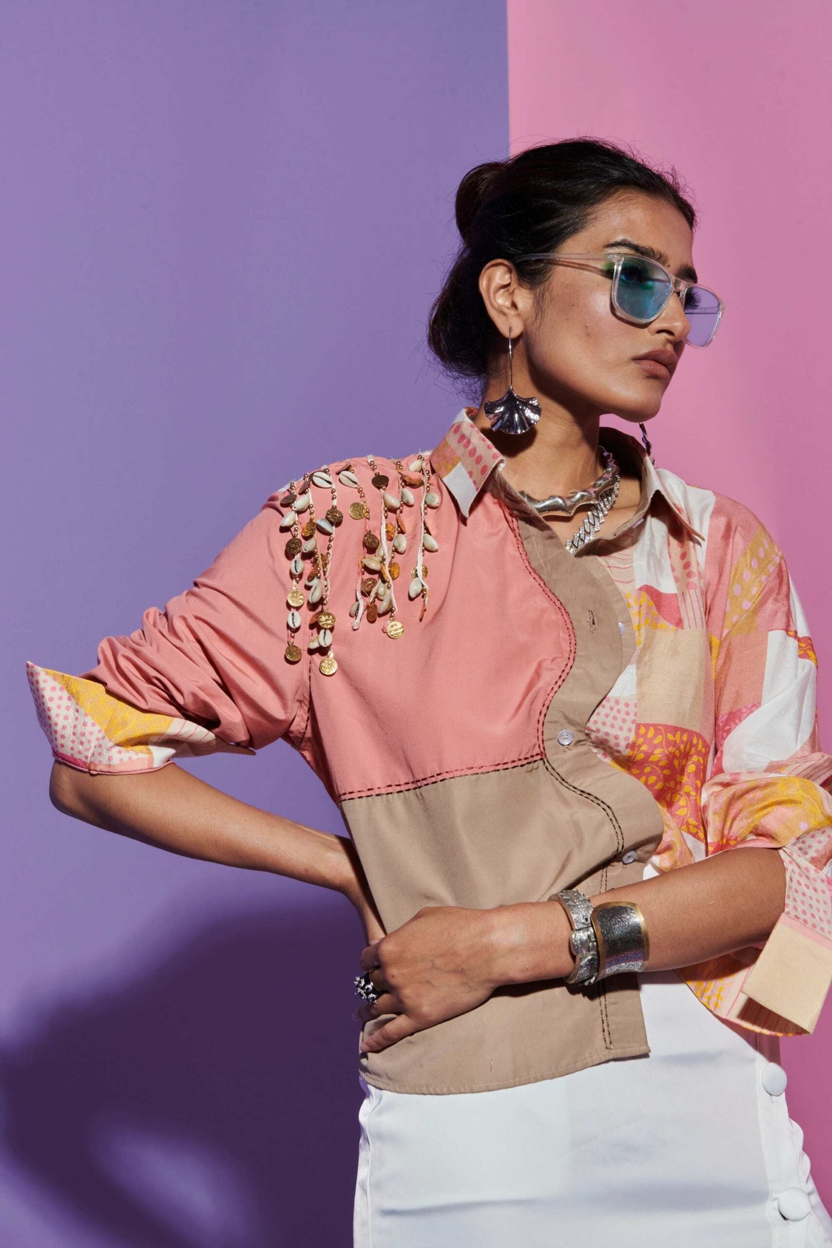 Wavy Placket Shirt in Multicolour & Geometric Print image 0