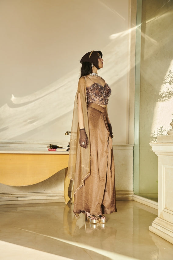 Brown Corset, Sarong & Cape – Sculpted Elegance in Earthy Tones image 2