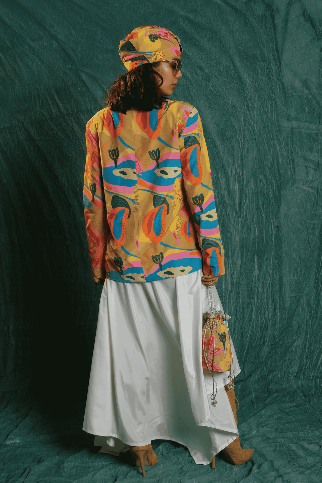 Croissant Print Embroidered Blazer & Cowl Skirt Set image 2