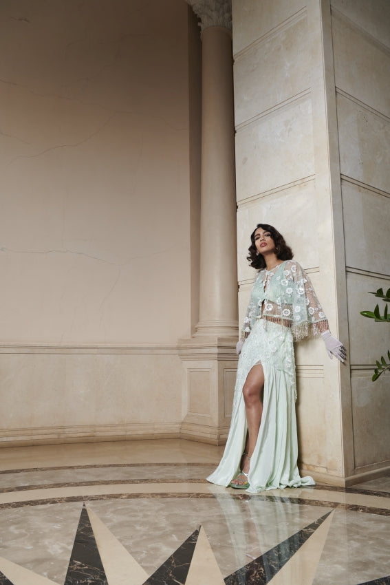Mint Embroidered Slit Skirt , Bralette And Cape image 0