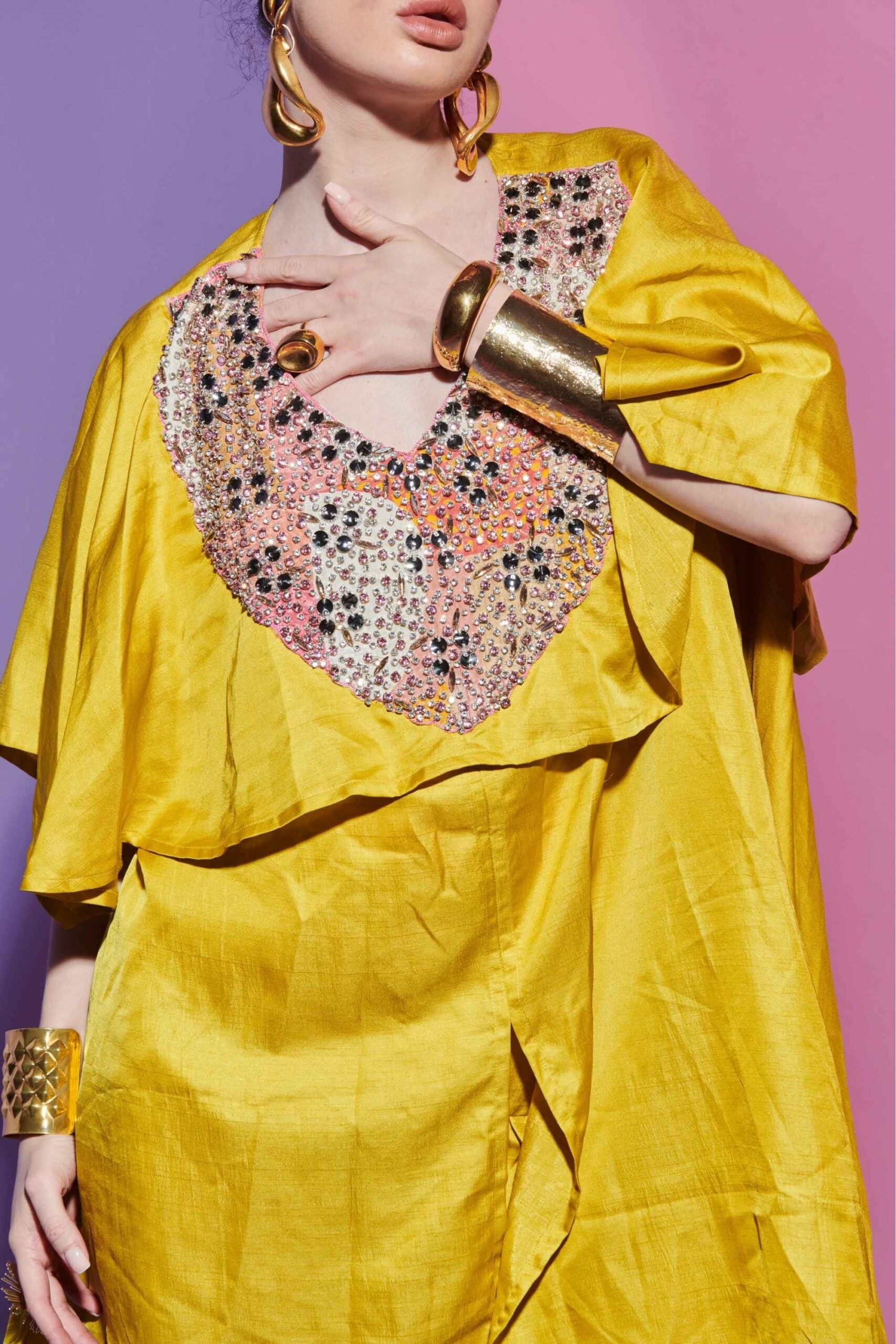 Yellow Kurta with Embroidered Yoke & Dhoti Set image 1