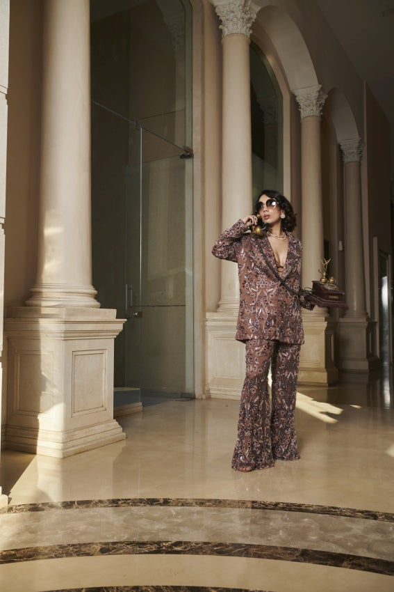 Brown Net Pant Suit – Fluid Power with a Sheer Statement image 0