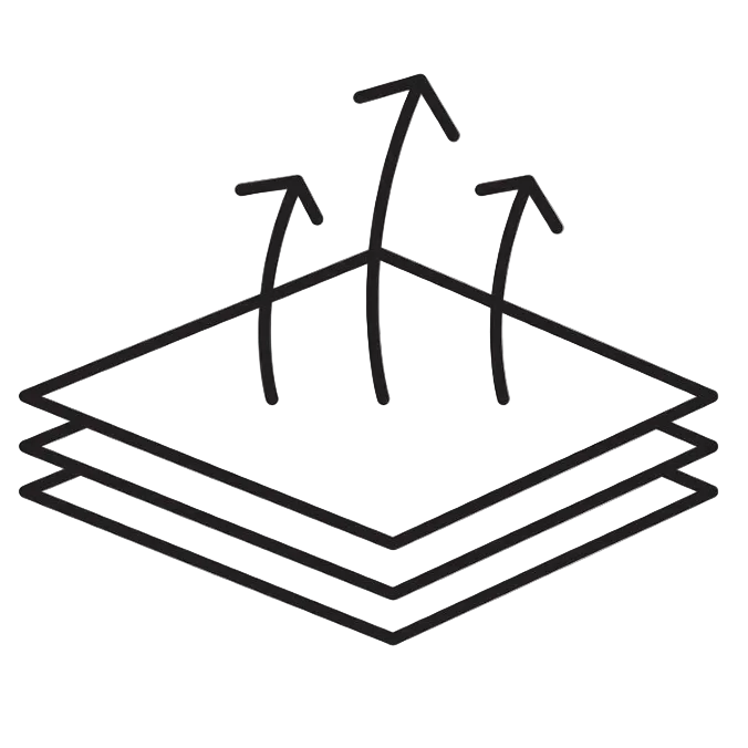 Icon of a fan with arrows indicating airflow on a white background