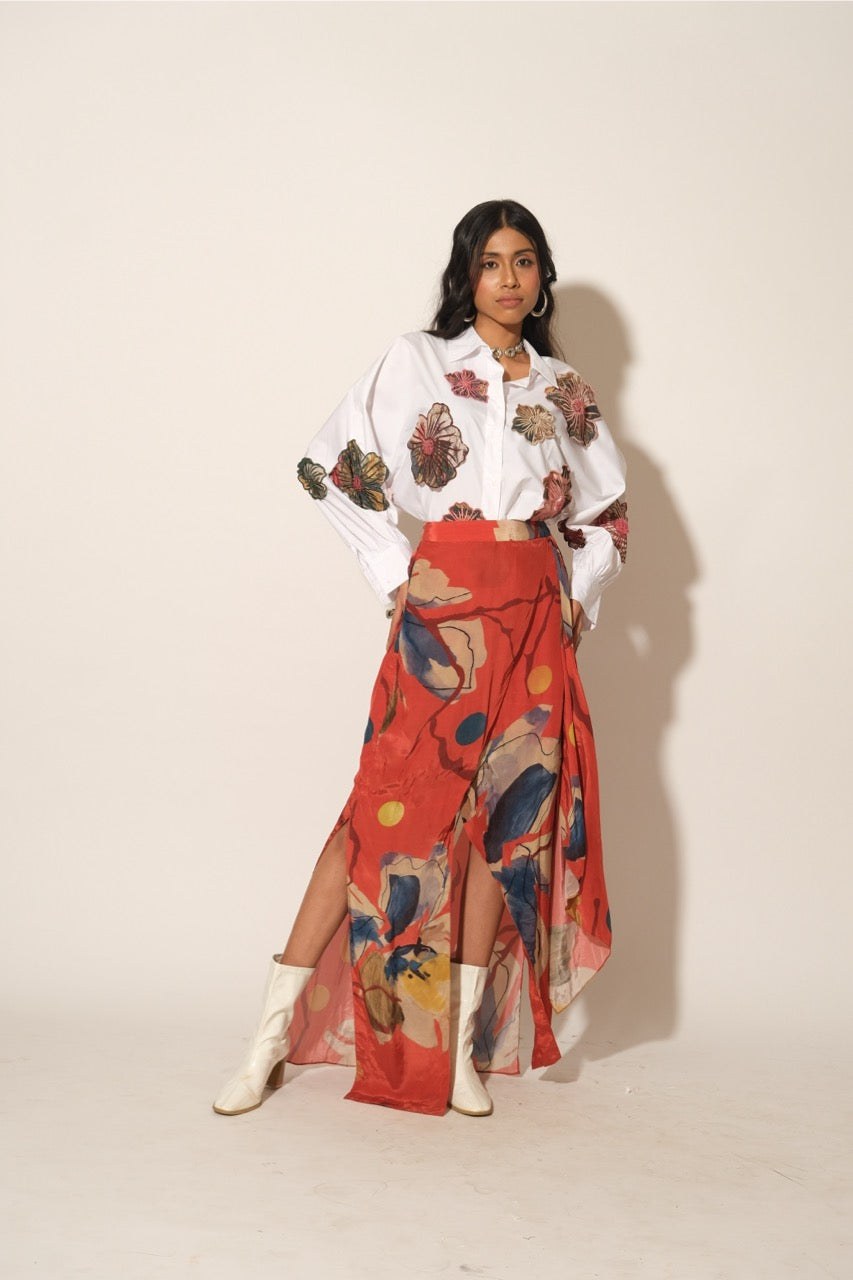 Red Floral Asymmetrical Skirt