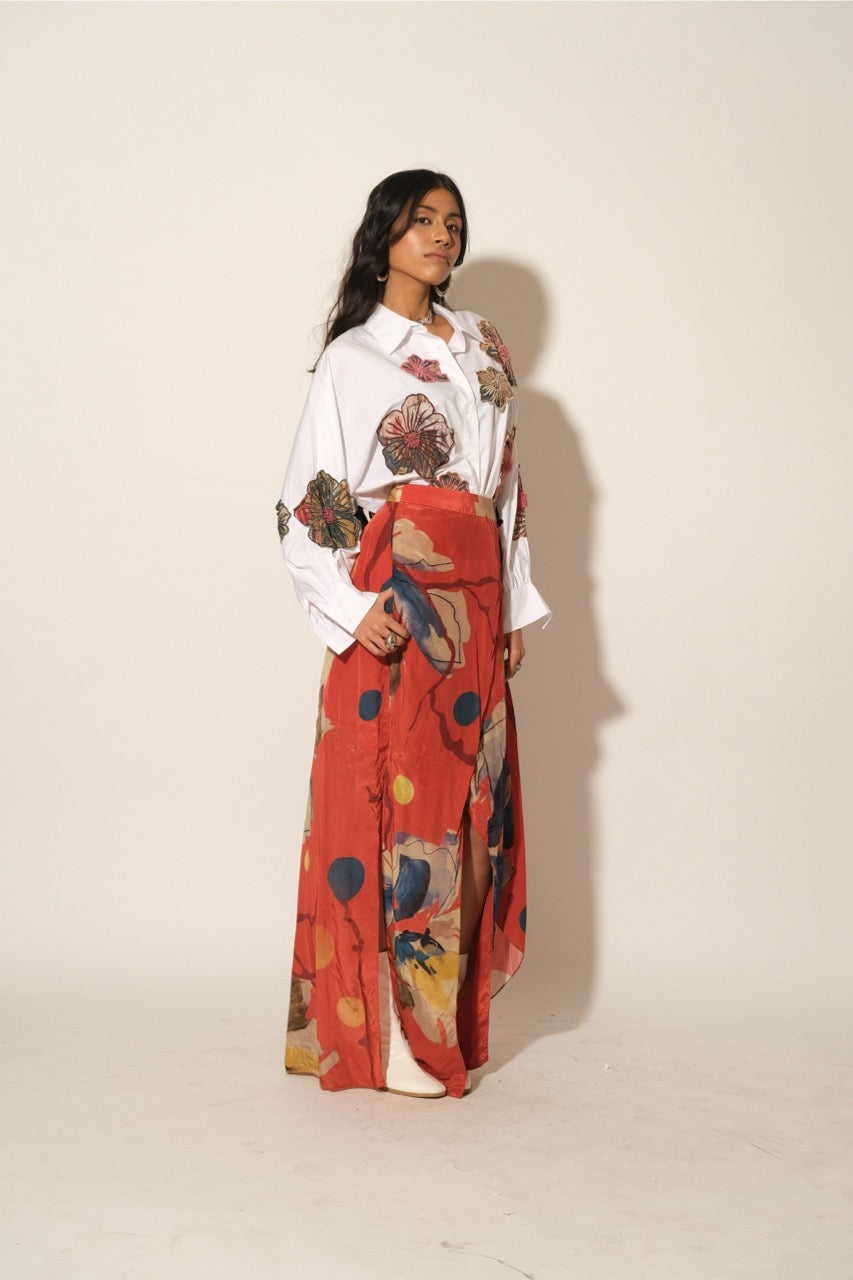 Red Floral Asymmetrical Skirt