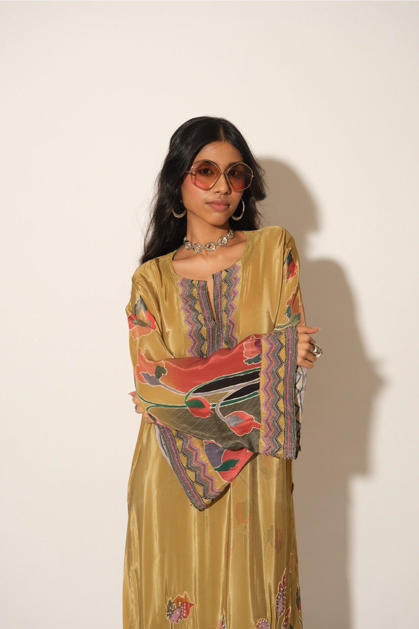 Mustered Floral Emb Kurta
