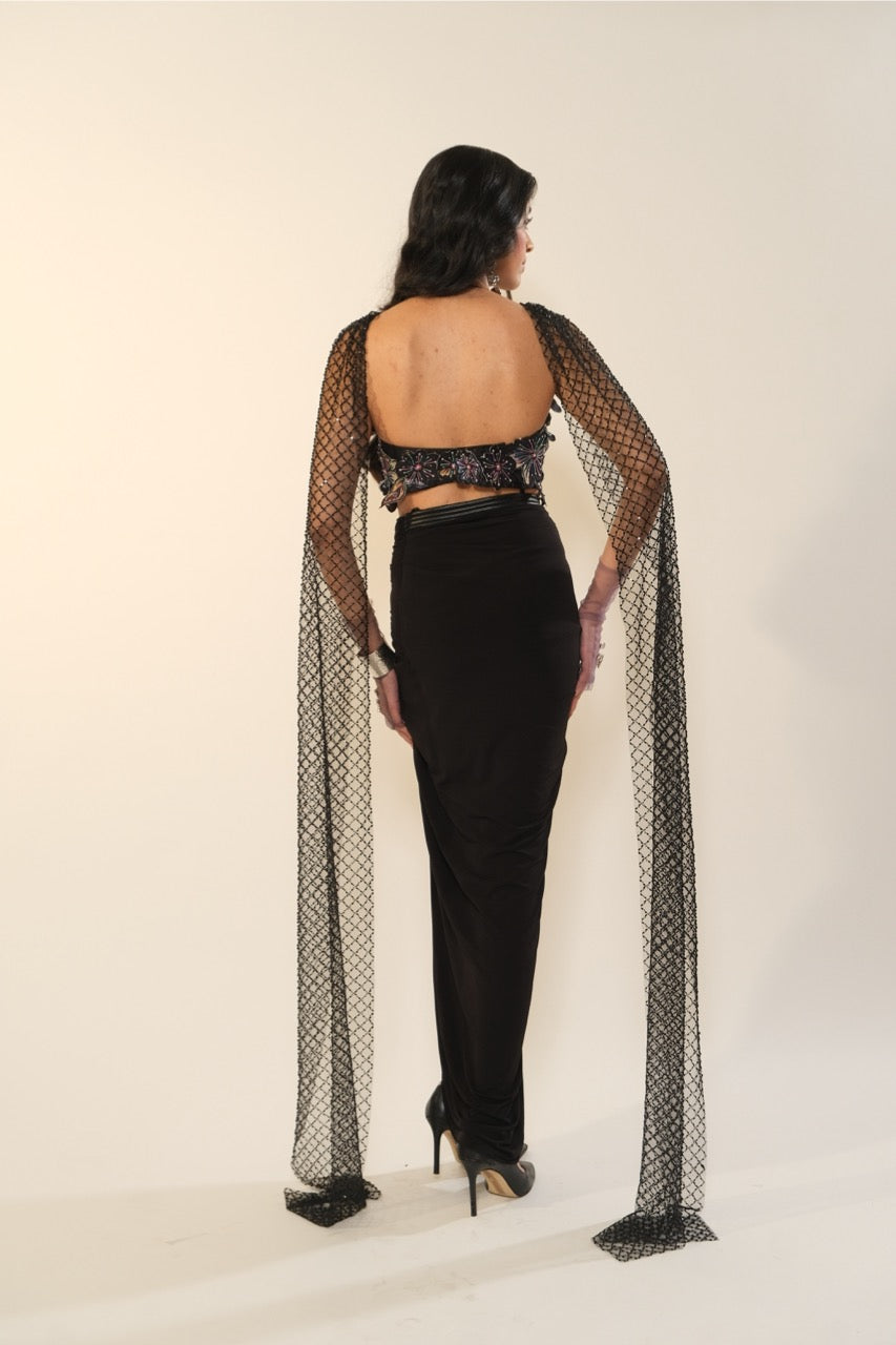 Black Floral Emb Applicant Bralette With Drape