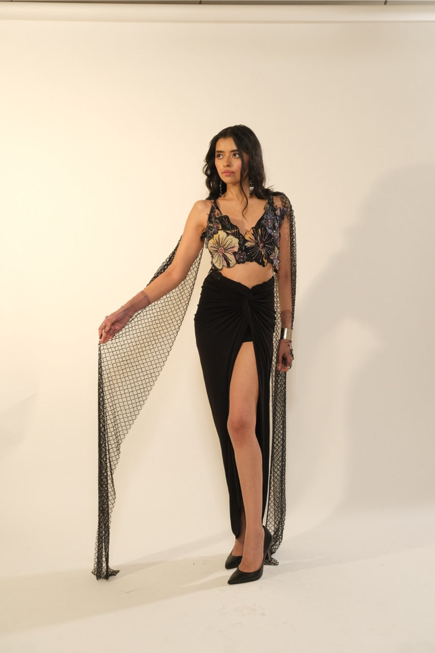 Black Floral Emb Applicant Bralette With Drape