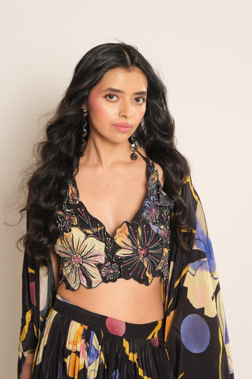 Black Floral Emb Applicant Bralette With Drape