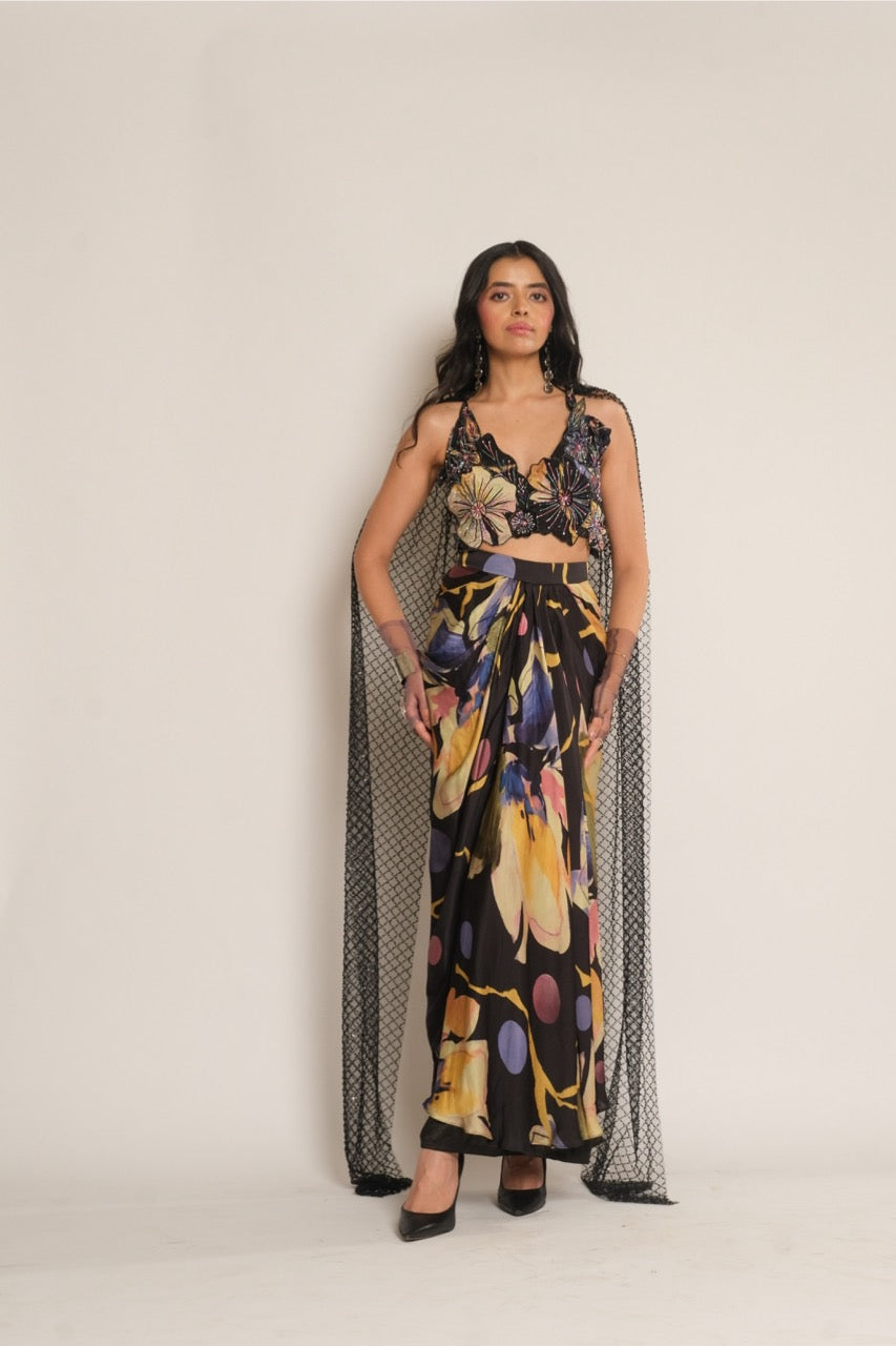Black Floral Emb Printed Sarong