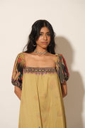 Mustard Flower Emb Printed Maxi Dress