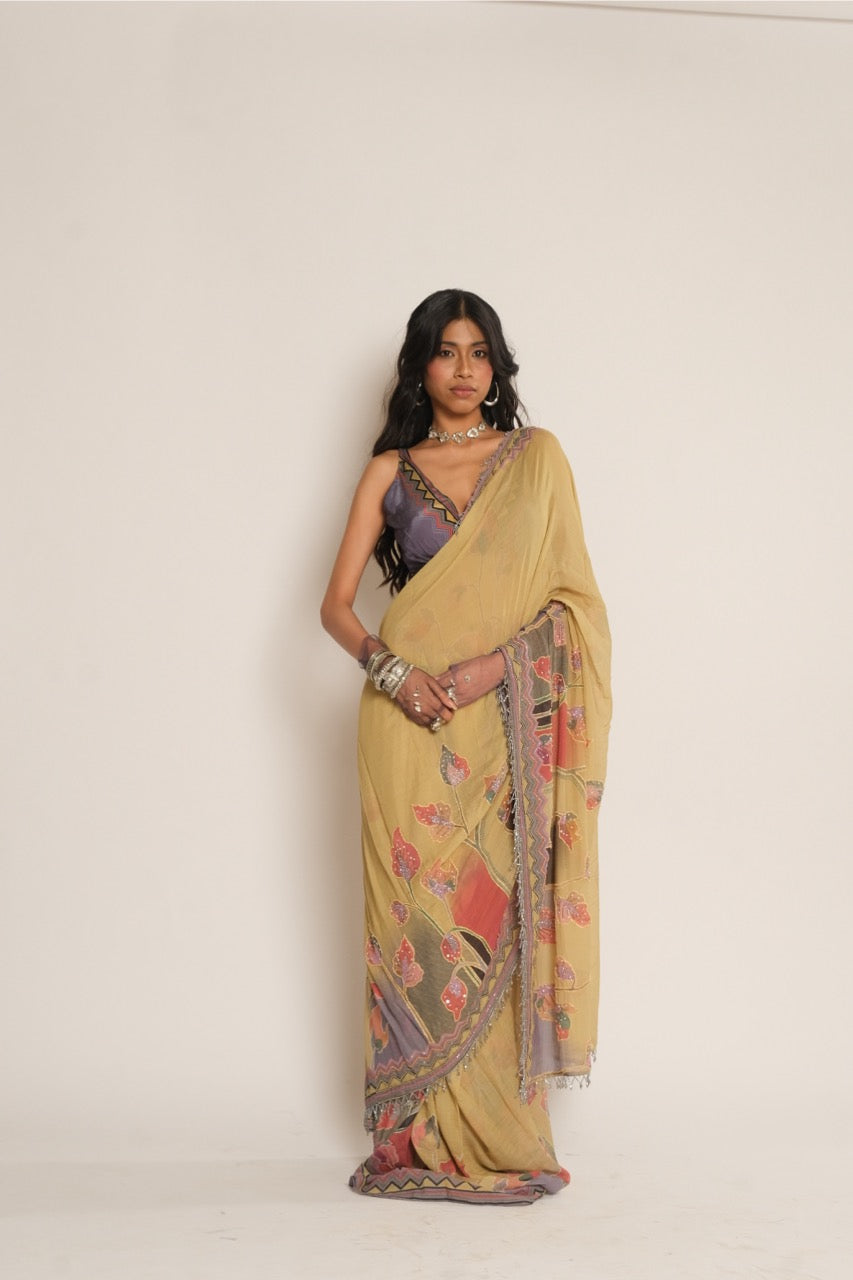Mustard Flower Emb Saree