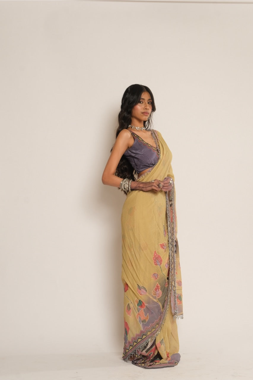Mustard Flower Emb Saree