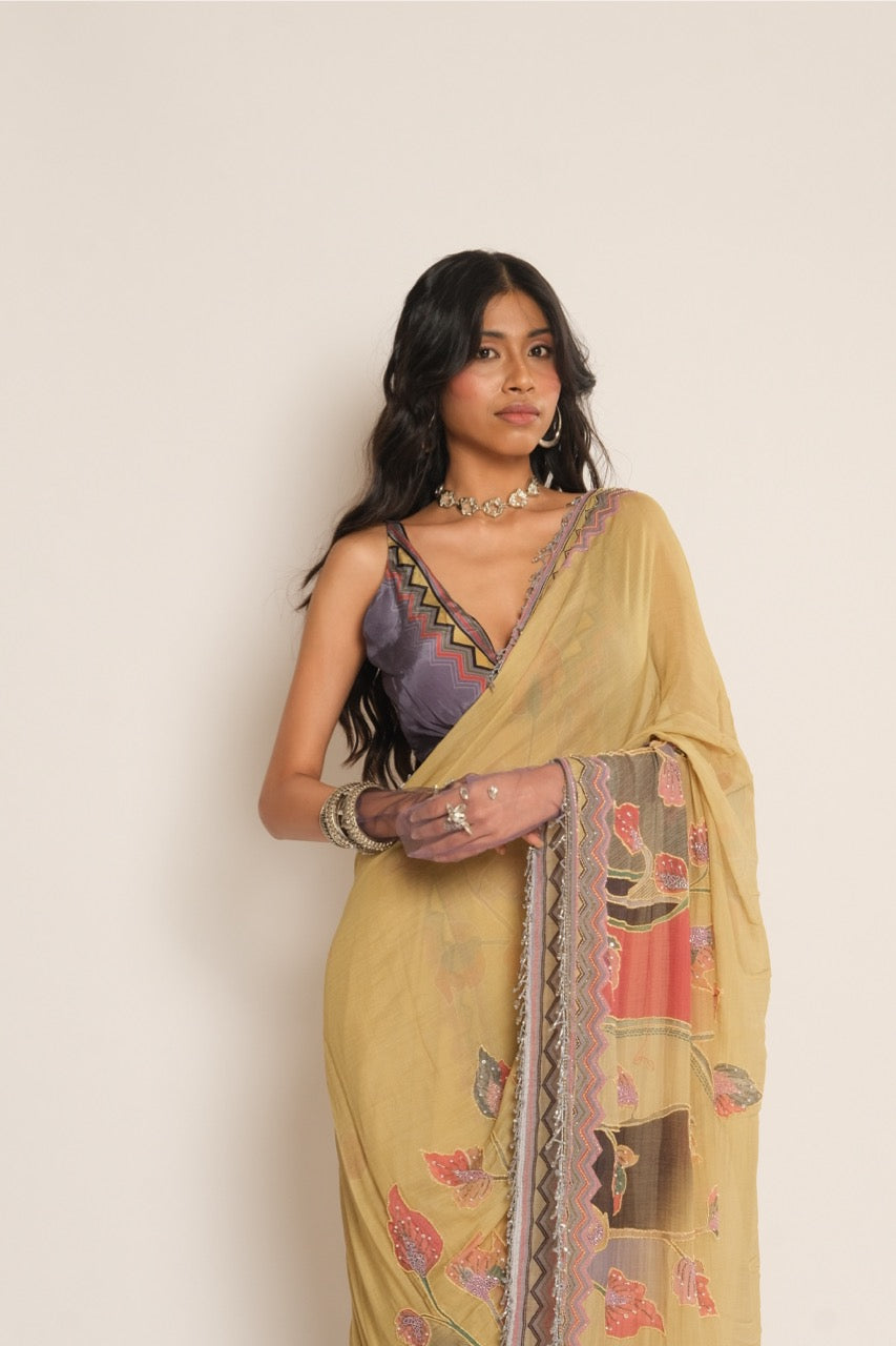 Mustard Flower Emb Saree