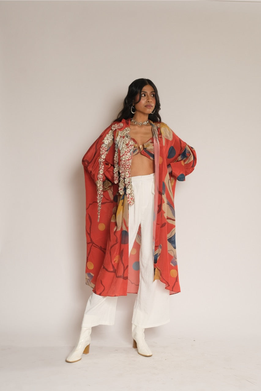 Red Flower Emb Long Shirt