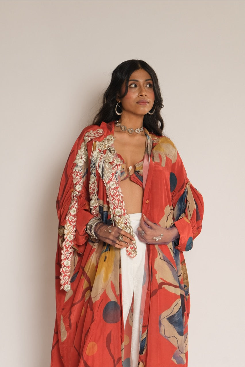 Red Flower Emb Long Shirt