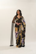 Black Flower Emb Pre-Draped Saree