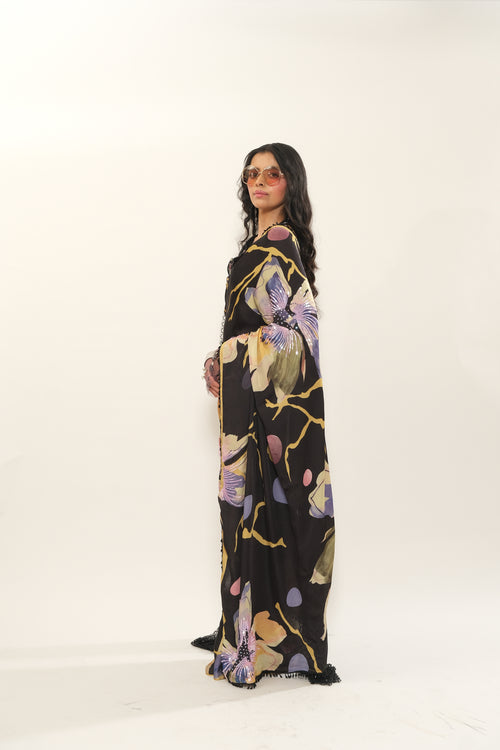 Black Flower Emb Pre-Draped Saree