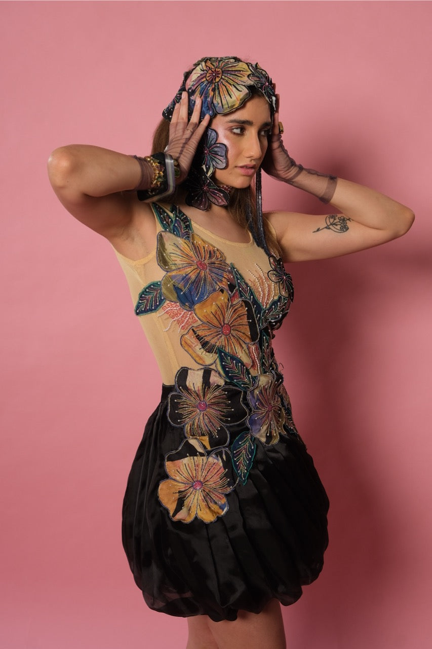 Stretchnet And Silk Organza Applique Balloon Dress