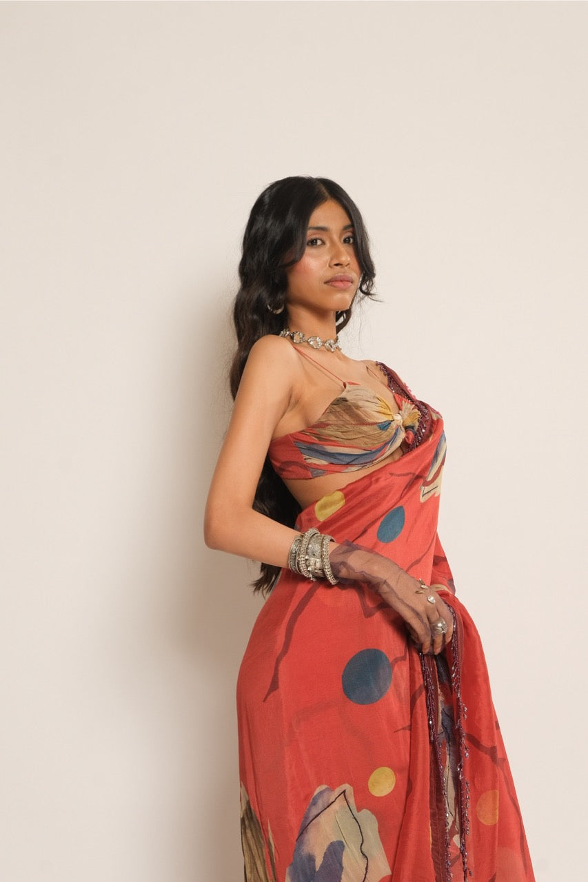 Red Sequin Floral Pre-Draped Saree