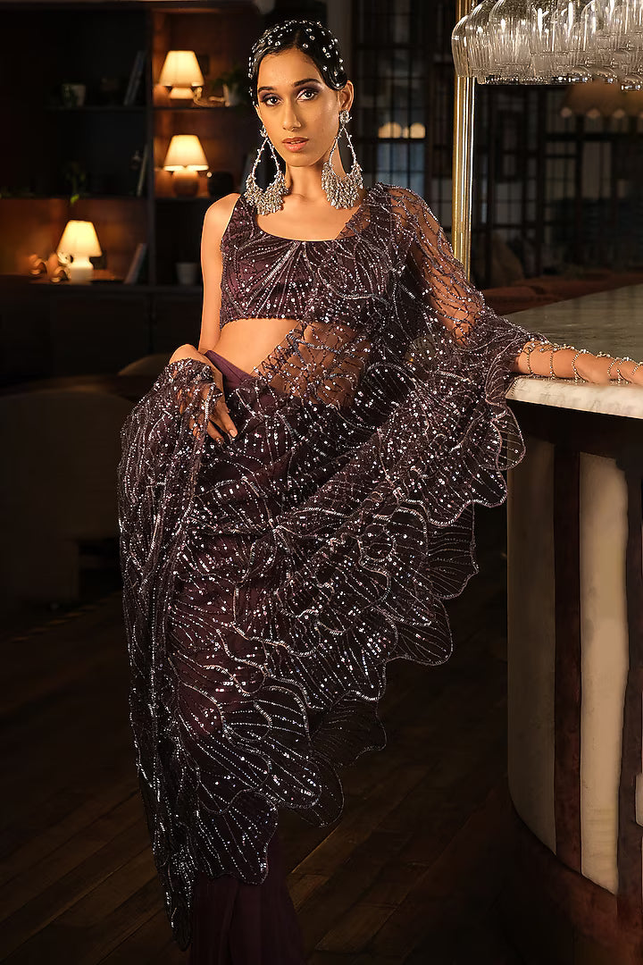 Purple Pre-Draped Saree