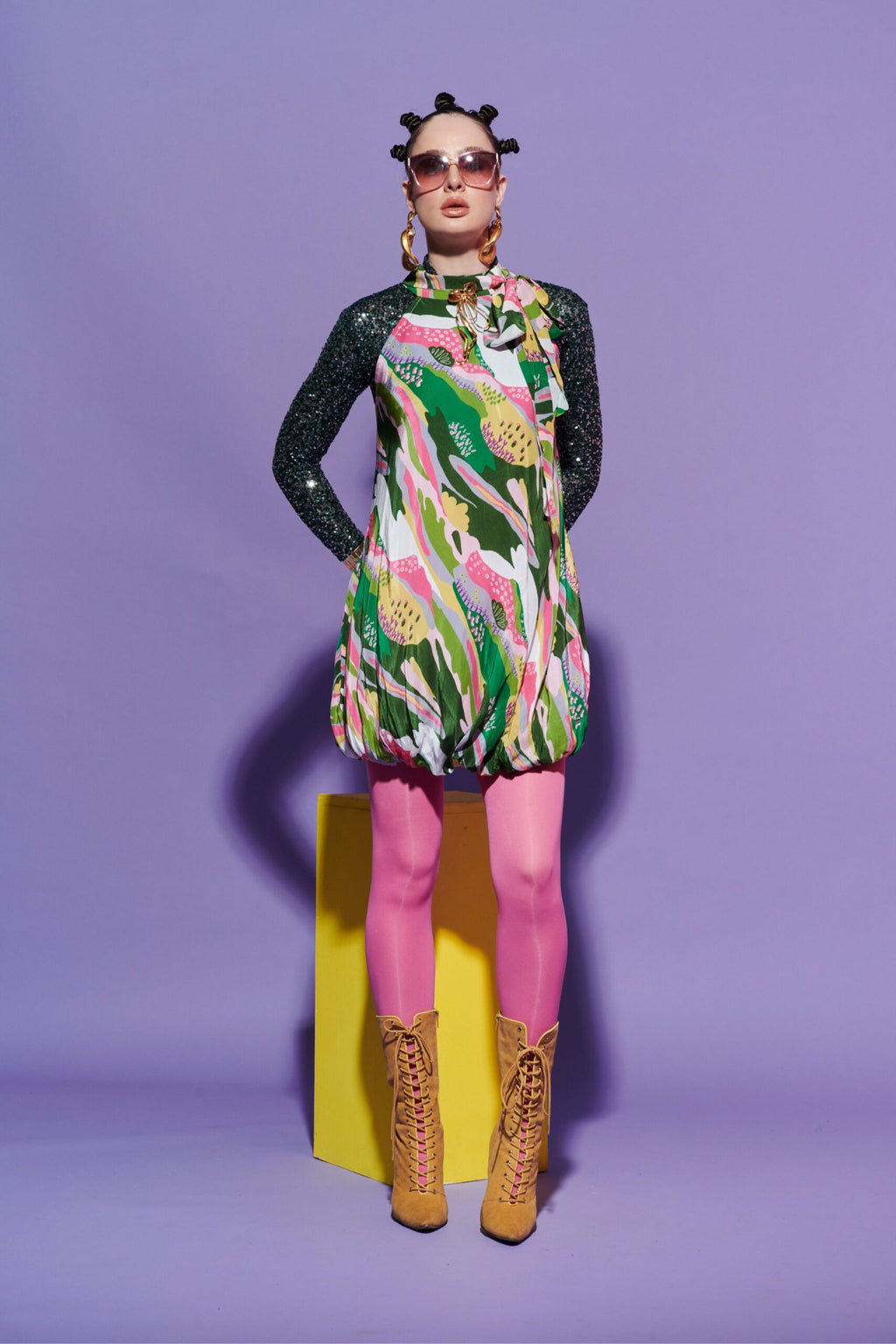 Bubble Hem Scenery Dress with Sequin Glove Crop Top image 0